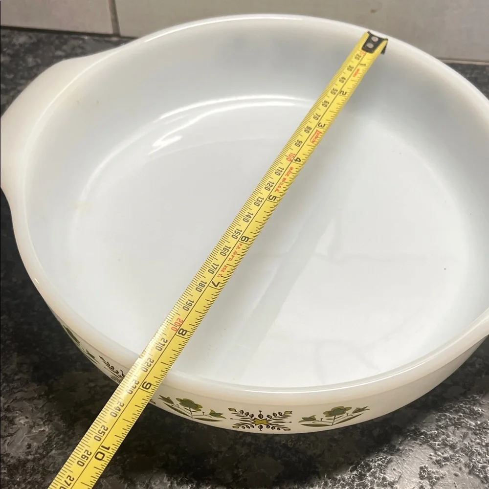 Vintage Meadow Green Fire King 9” Patterned White Baking Dish